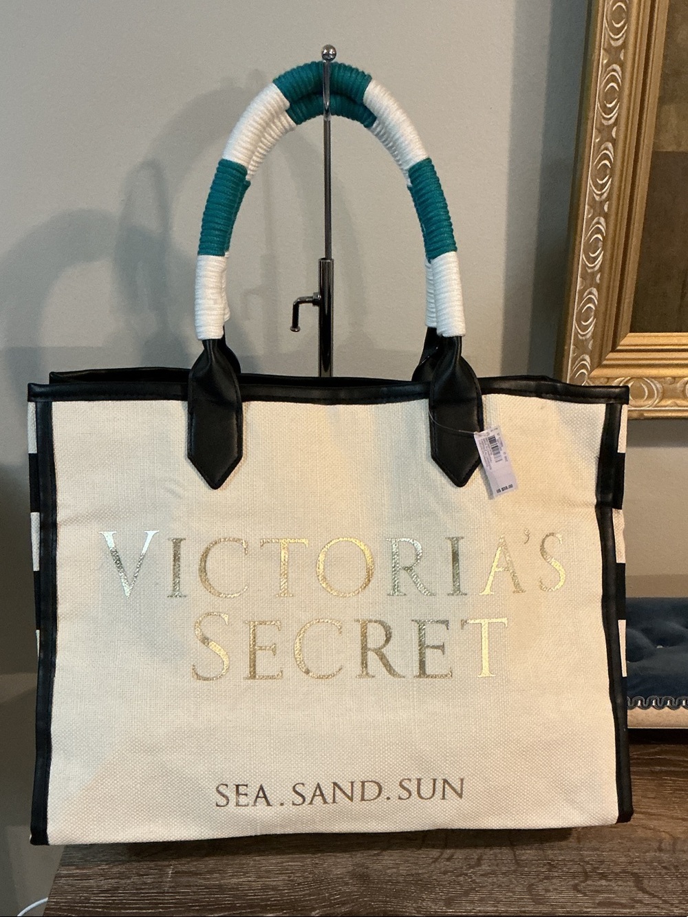 Victoria's Secret NWT Sea Sand Sun Cream Canvas Tote Wrapped Handles 16x12x8